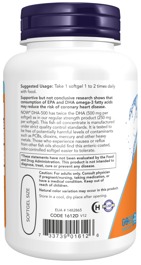 Now Suplemento de DHA 500mg y EPA 250mg, 90 cápsulas