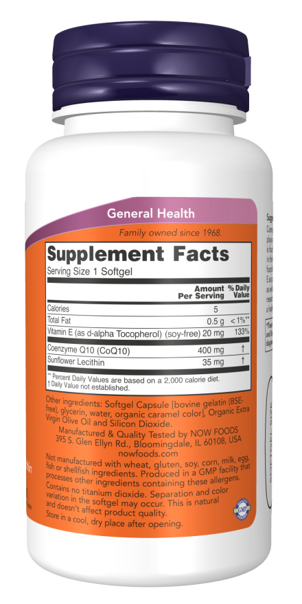 Now Suplemento de CoQ10, 400 mg por cápsula, 60 cápsulas para 2 meses