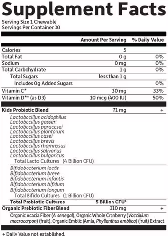 Garden of Life Probióticos para niños 5 billones, 30 tabletas masticables sabor fresa plátano