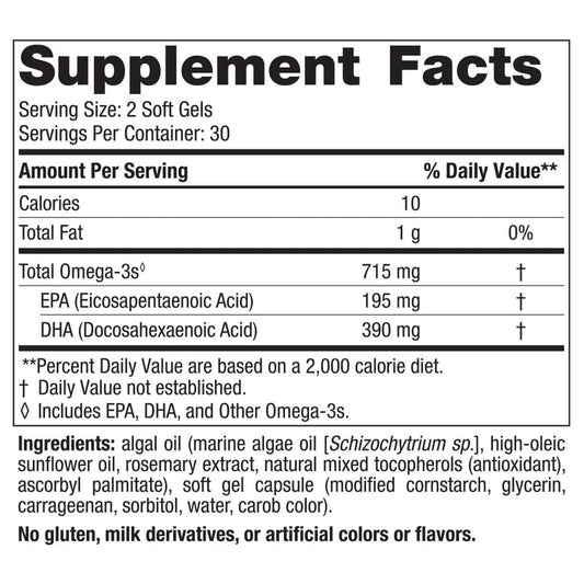 Nordic Naturals Algae Omega, Suplemento vegano, 715 mg de Omega, 60 cápsulas para 1 mes