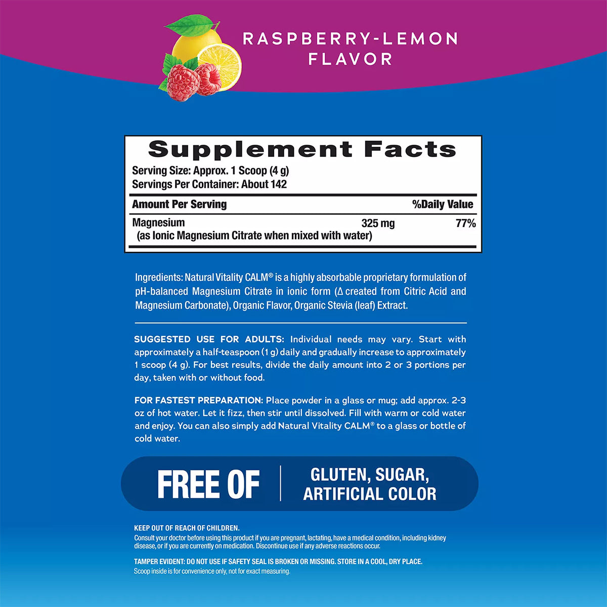 Natural Vitality CALM Suplemento de Magnesio, 20oz Sabor Limón Frambuesa