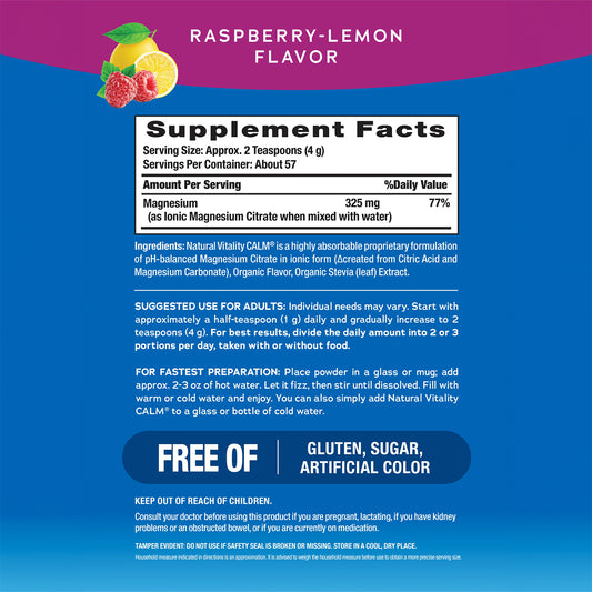 Natural Vitality CALM Suplemento de Citrato Magnesio, 8 oz (227g) sabor frambuesa - limón