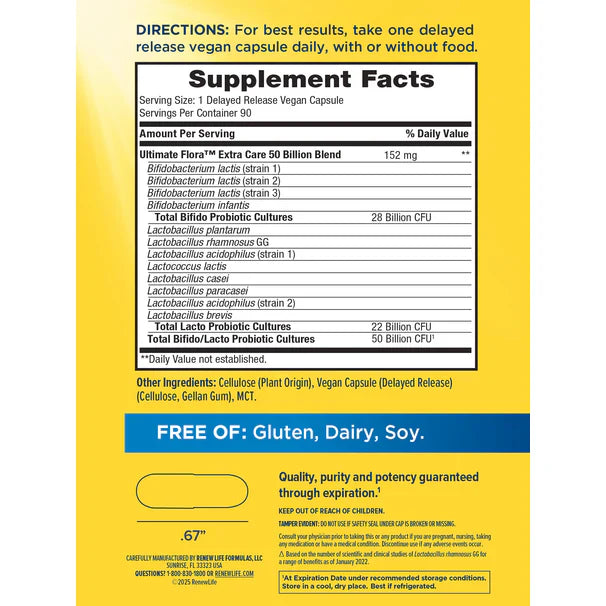 Renew Life Ultimate Flora Extra Care Probiótico 50 mil millones, 90 cápsulas