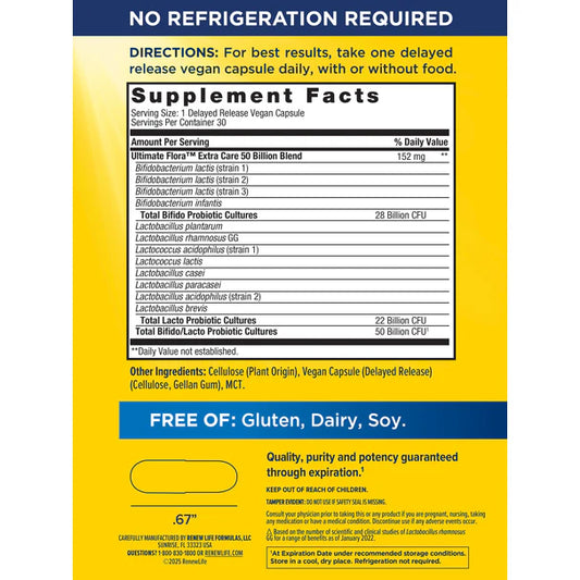 Renew Life Ultimate Flora Extra Care Probiótico 50 mil millones GO PACK, 30 cápsulas