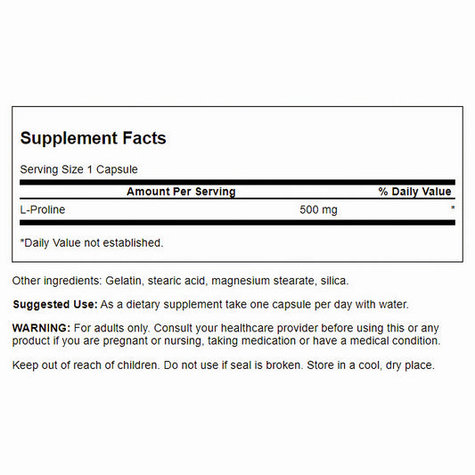 Swanson Suplemento de L-Prolina 500 mg por cápsula, 100 cápsulas para 3 meses