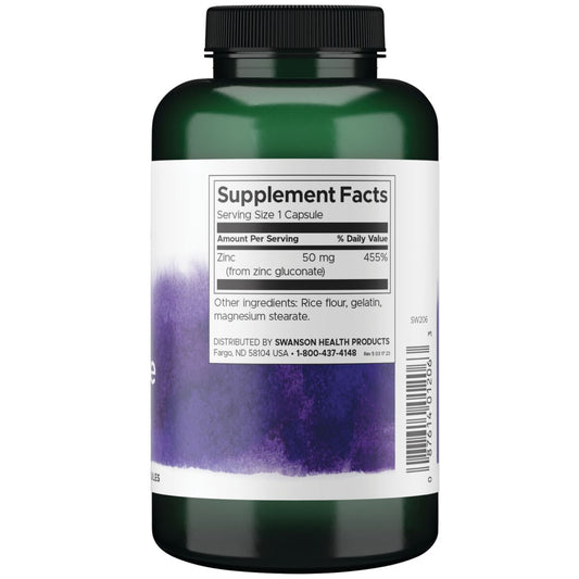 Swanson Suplemento de Gluconato De Zinc, 50 Mg por cápsula, 250 Cápsulas para 8 meses