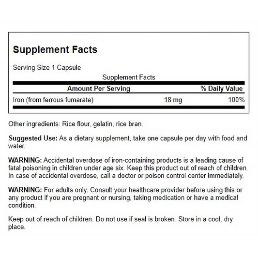Swanson Suplemento de Hierro (fumarato ferroso), 18 Mg por cápsula, 60 cápsulas para 2 meses
