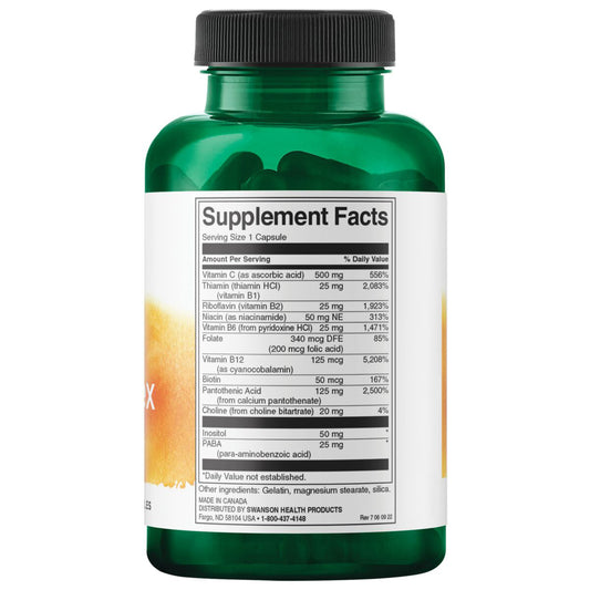 Swanson Complejo vitamínico B con vitamina C súper estrés, 30 cápsulas para 1 mes