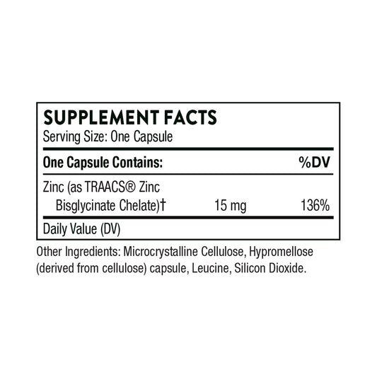 Thorne Suplemento de Bisglicinato de zinc, 15 mg por cápsula, 60 cápsulas para 2 meses
