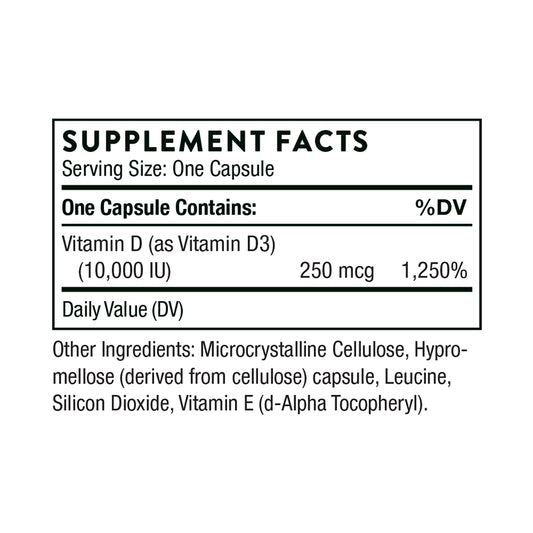 Thorne Vitamina D-10.000, 250 mcg por cápsula, 60 cápsulas para 2 meses