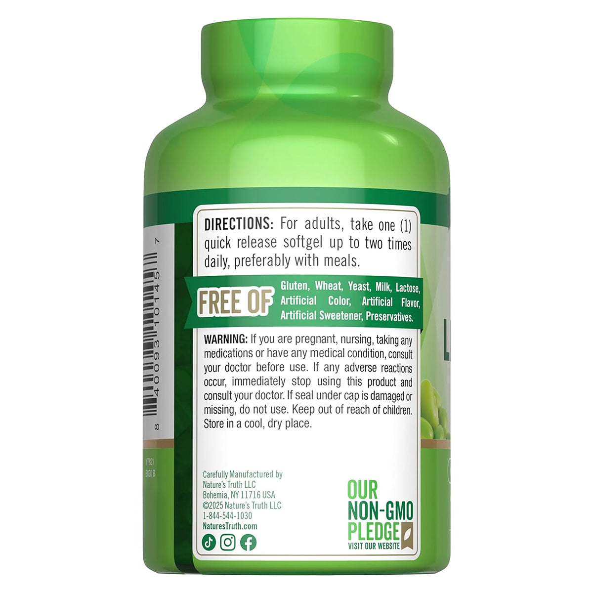 Nature's Truth Suplemento de Lecitina de Soja 1200mg, 120 cápsulas para 4 meses