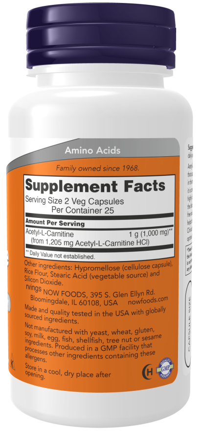 Now Foods Suplemento de Acetil-L-Carnitina 500 mg, 100 Cápsulas
