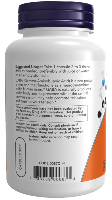 Now Suplemento de GABA 500 mg, 200 capsulas
