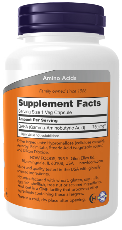 Now Foods Suplemento de GABA, 750 mg por cápsula, 120 Cápsulas
