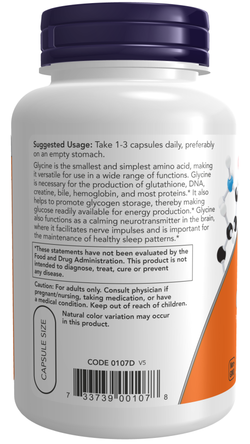Now Foods Suplemento de Glicina, 1000 mg por cápsula, 100 Cápsulas