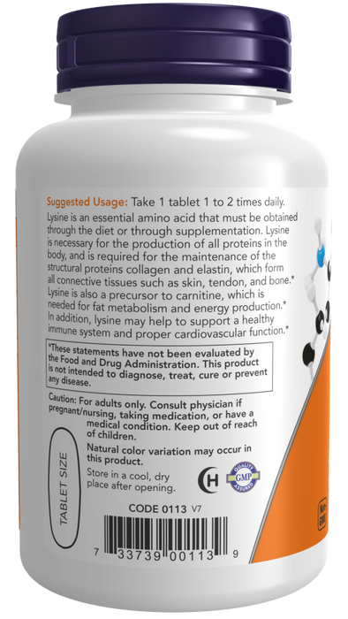 Now Suplemento Alimenticio de L-Lisina 1000mg, 100 Tabletas