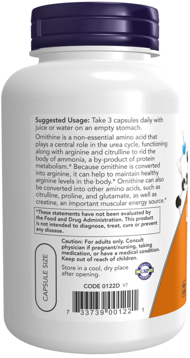 Now Suplemento Alimenticio de L-Ornitina 500mg, 120 cápsulas