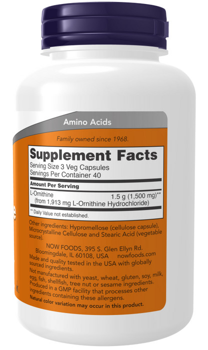 Now Suplemento Alimenticio de L-Ornitina 500mg, 120 cápsulas