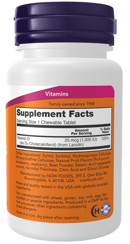 Now Foods Suplemento de Vitamina D3 25mcg, 180 Masticables
