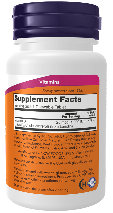 Now Foods Suplemento de Vitamina D3 25mcg, 180 Masticables