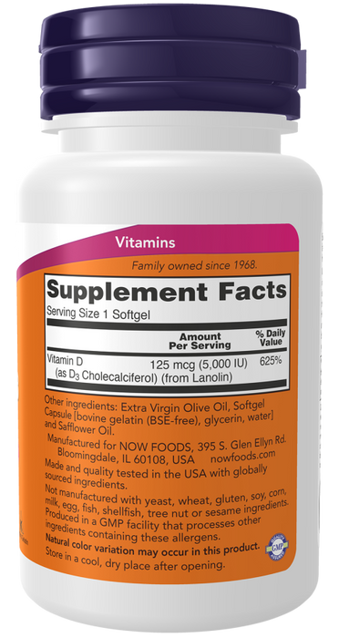Now Suplemento de Vitamina D3 5000 IU, 120 cápsulas