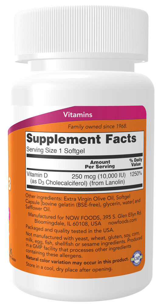 Now Vitamina D-3 10,000 IU, 120 cápsulas para 4 meses