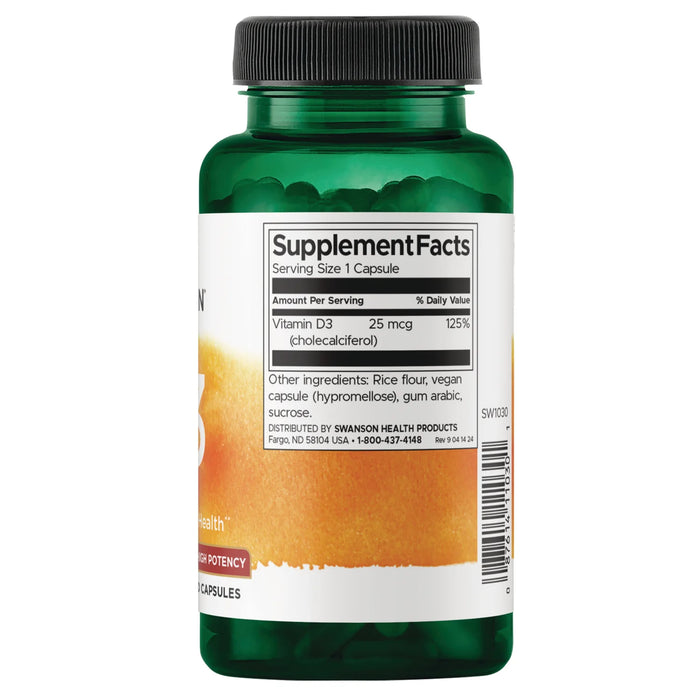 Swanson Vitamina D3 High Potency, Colecalciferol 25 mcg (1,000 IU), 60 Cápsulas, Sin Sabor