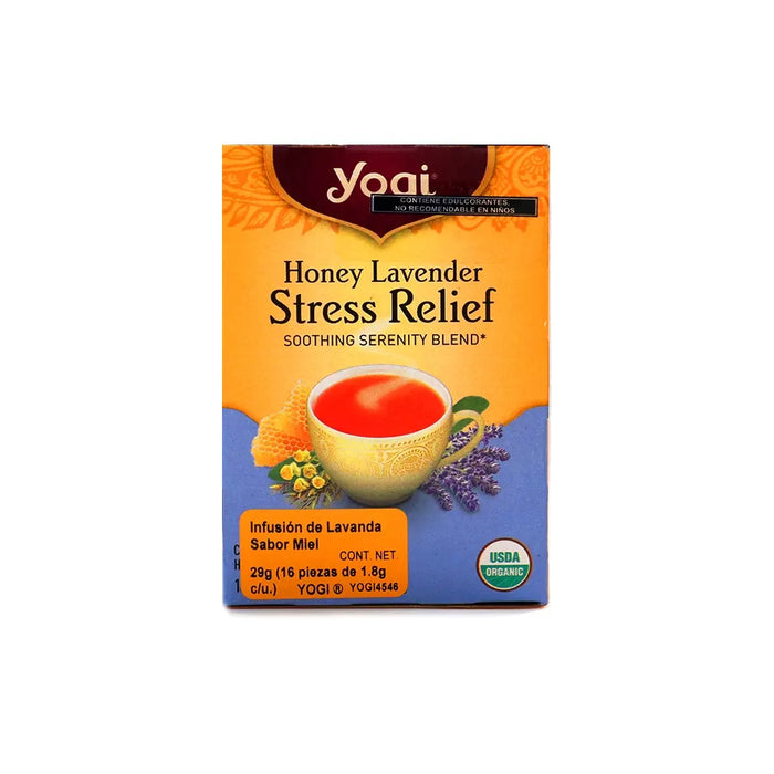 Yogi Honey Lavender Stress Relief Té de Hierbas, 16 Bolsitas, Libre de Cafeína, Orgánico