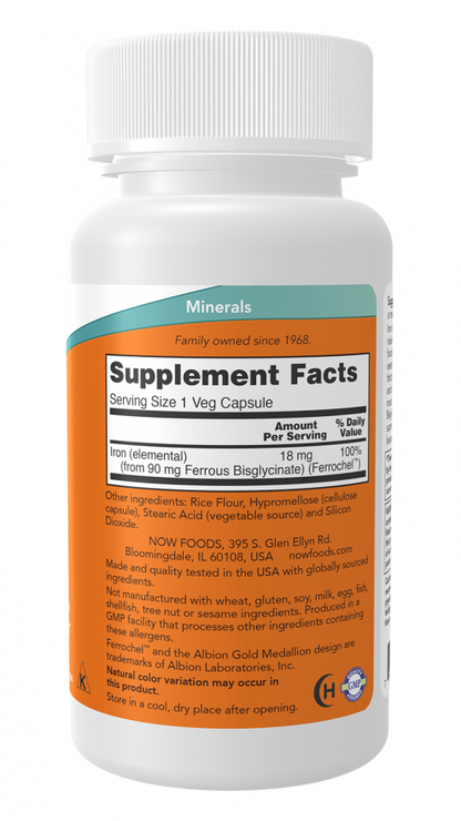 Now Foods Suplemento de Hierro, 18 mg por cápsula, 120 Cápsulas