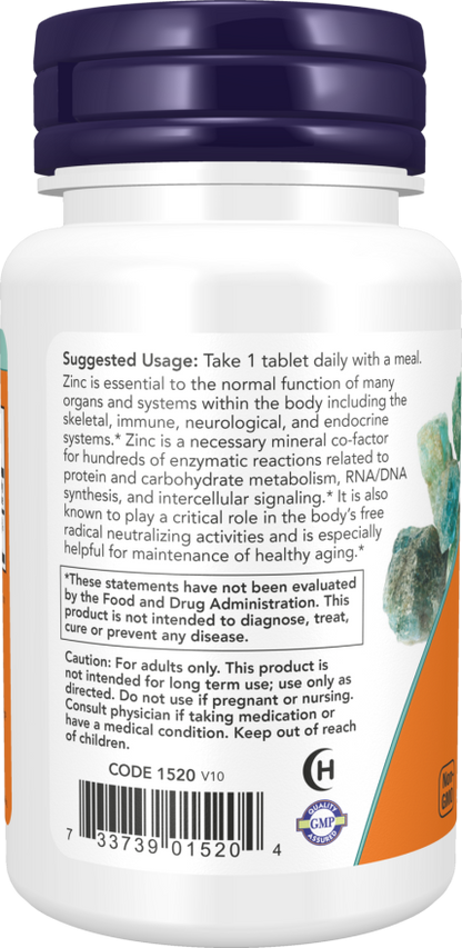 Now Foods Suplemento de Zinc, 50 mg por tableta, 100 Tabletas