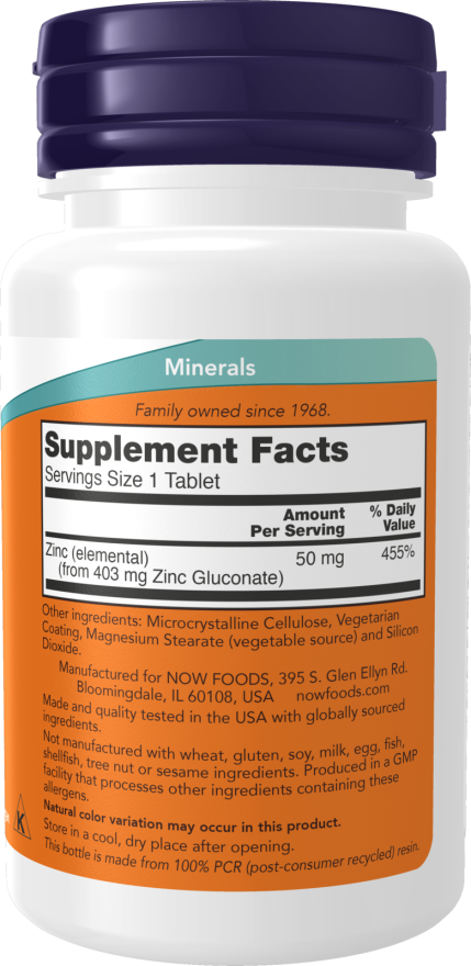 Now Foods Suplemento de Zinc, 50 mg por tableta, 100 Tabletas