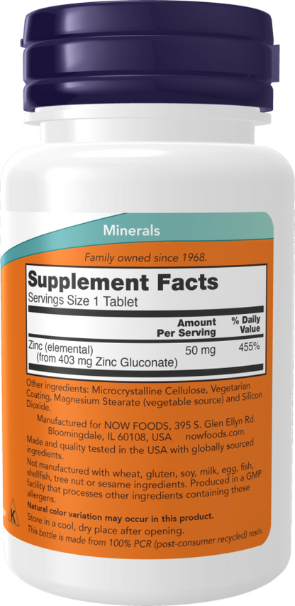 Now Foods Suplemento de Zinc, 50 mg por tableta, 100 Tabletas