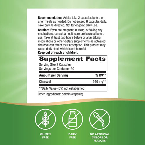 Nature's Way Suplemento Carbón Activado 560 mg, 100 cápsulas