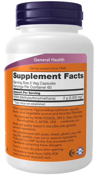 Now Suplemento de MSM 1000 mg, 120 Cápsulas