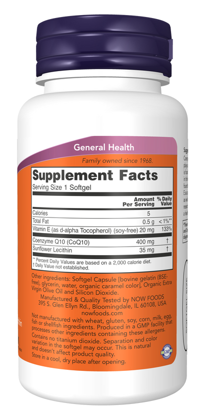 Now Suplemento de CoQ10, 400 mg por cápsula, 60 cápsulas para 2 meses