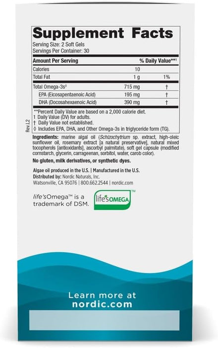 Nordic Naturals Algae Omega, Suplemento vegano, 715 mg de Omega, 60 cápsulas