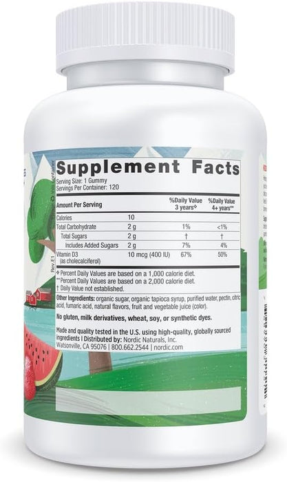 Nordic Naturals Vitamina D3 para niños, 400 IU de Vitamina D3, 120 Gomitas sabor sandía