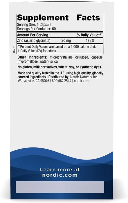 Nordic Naturals Suplemento Alimenticio Glicinato de Zinc 20 mg, 60 Cápsulas