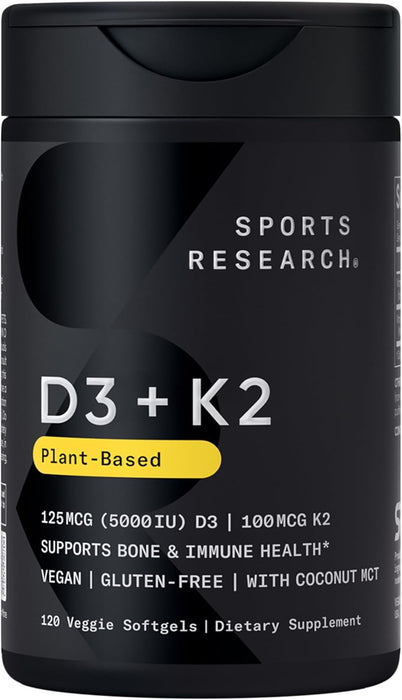 Sports Research Vitamina D3 5000 IU + K2 Mk7 100 mcg, 120 Cápsulas Blandas