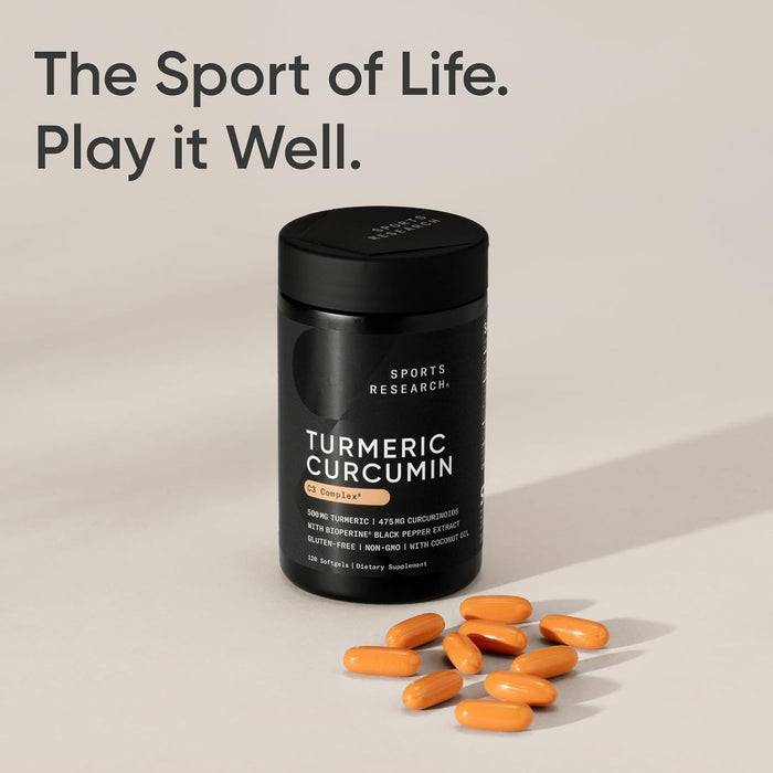 Sports Research Cúrcuma Curcumina C3 Complex 500 mg con Pimienta Negra y Aceite de Coco Orgánico, 60 Cápsulas