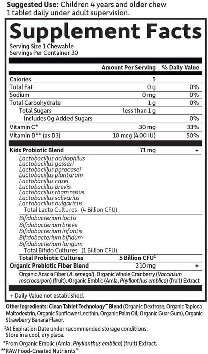 Garden of Life Probióticos para niños 5 billones, 30 tabletas masticables sabor fresa plátano