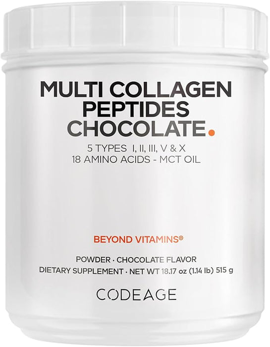 Codeage Multi Colágeno Proteína en Polvo, Sabor Chocolate, Tipos I, II, III, V, X, Grass‑Fed, 18 oz