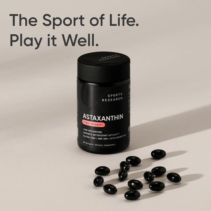Sports Research Suplemento Astaxantina Triple Fuerza 12 mg con Aceite de Coco Orgánico, 60 Cápsulas Blandas