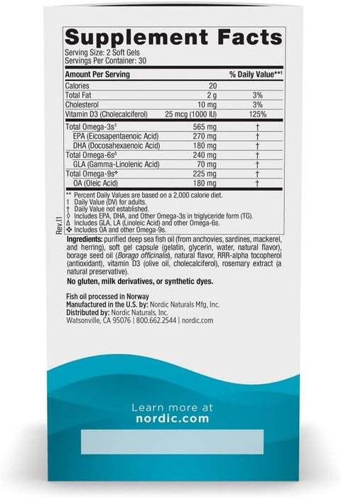 Nordic Naturals Complete Omega D3, 565 mg de Omega + 100 IU de vitamina D3, 60 cápsulas