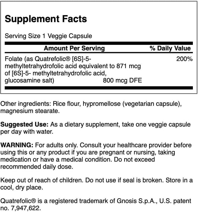 Swanson Suplemento Ácido Fólico 800 mcg, 30 Cápsulas