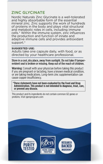 Nordic Naturals Suplemento Alimenticio Glicinato de Zinc 20 mg, 60 Cápsulas