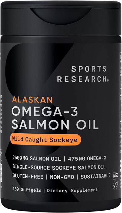 Sports Research Aceite de Salmón Sockeye Salvaje de Alaska, 2500 mg EPA+DHA, 180 Cápsulas Blandas