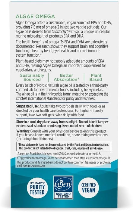 Nordic Naturals Algae Omega, Suplemento vegano, 715 mg de Omega, 60 cápsulas