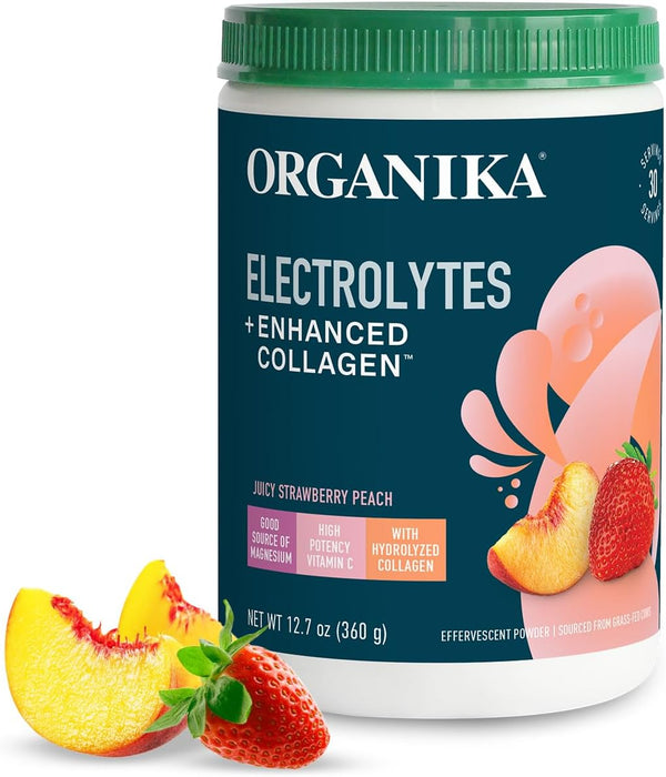 Organika Electrolitos + Colágeno Hidrolizado, 360g, Sabor Melocotón Fresa