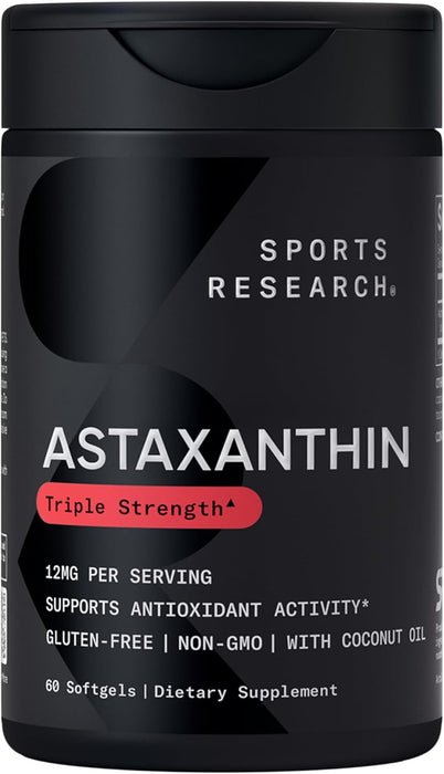 Sports Research Suplemento Astaxantina Triple Fuerza 12 mg con Aceite de Coco Orgánico, 60 Cápsulas Blandas
